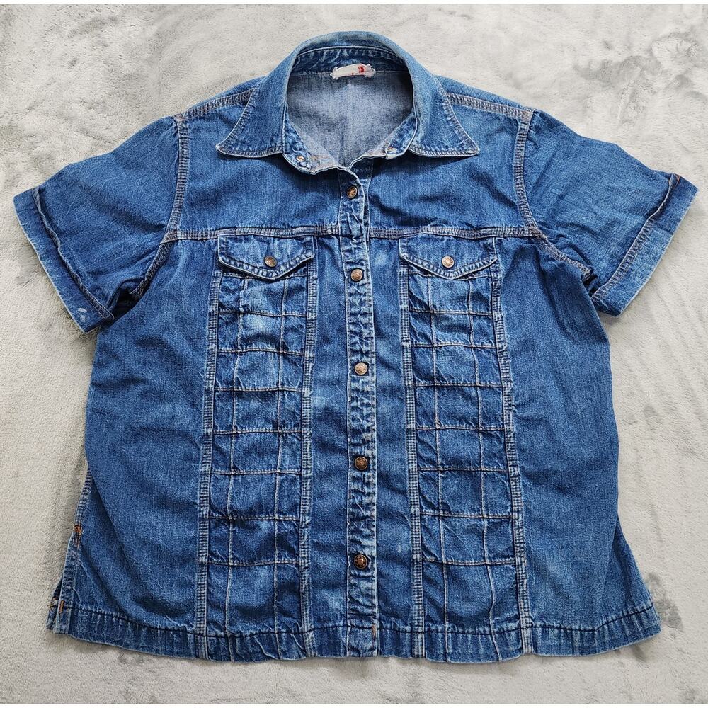 Vintage 70s Young Stuff Shirt Womens Size 2X Blue‎ Short Sleeve Snap Embroidered